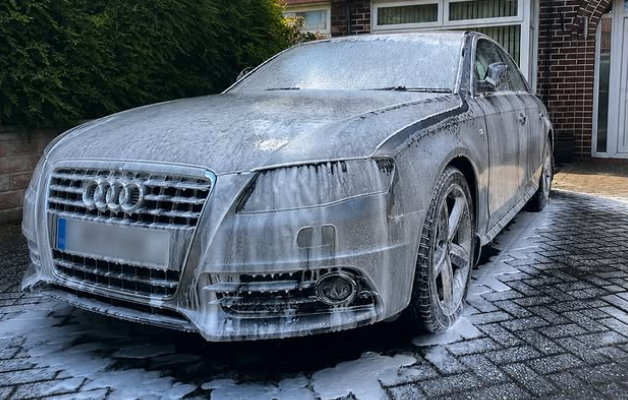 Audi covered in snow foam mid-valet by Grassendale Valet
